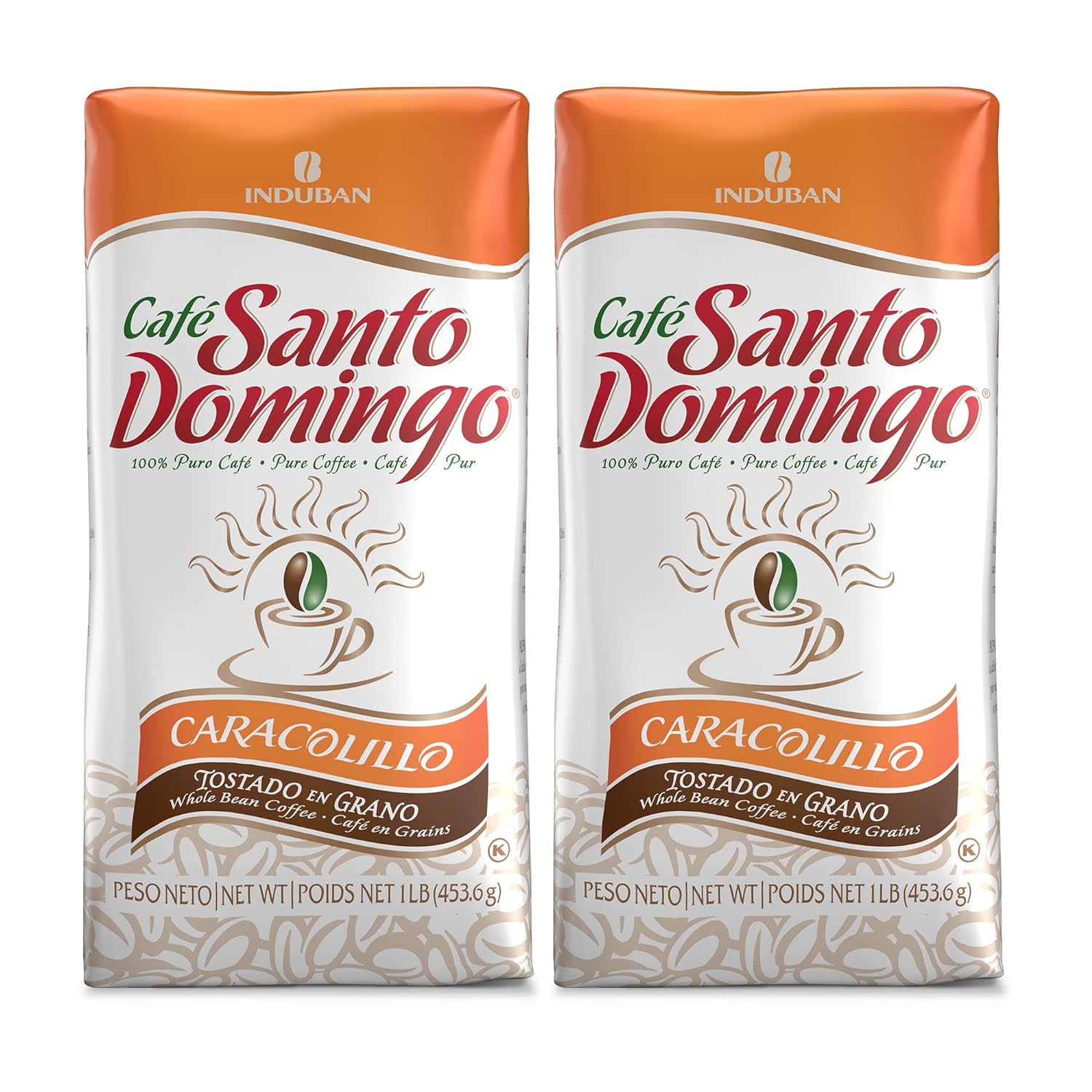 Café Santo Domingo Caracolillo, 16 oz Bag, Whole Bean Peaberry Coffee - Product from the Dominican Republic (Pack of 2)