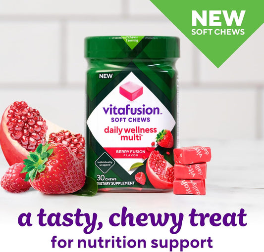 Vitafusion Soft Chews Daily Wellness Multi(1), Chewable Multivitamins For Adults, Individually Wrapped, Berry Fusion Flavor, 30 Chews, 30 Day Supply