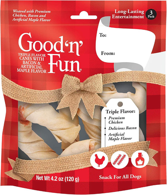 Good'N'Fun Triple Flavor Canes With Bacon And Artificial Maple Flavor, 3 Count, Holiday Chews For All Dogs, Pack Of 12, P-94481H