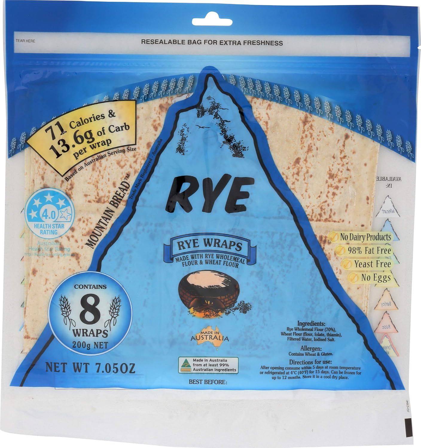 Mountain Bread Light Rye Wraps 200 G (Pack Of 3)