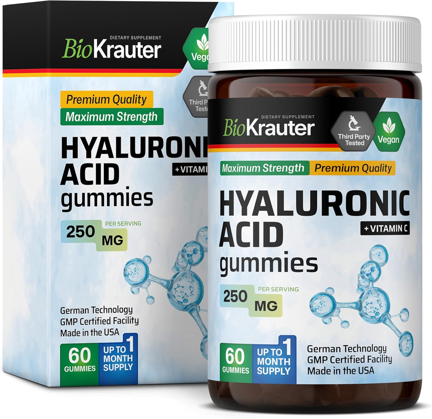 Bio Krauter Hyaluronic Acid Gummies W/Vitamin C - 250 Mg - 60 Vegan Chews - Hyaluronic Acid Supplements - Pectin-Based