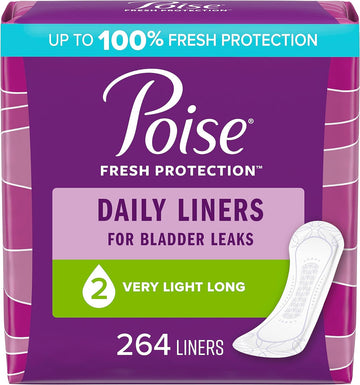 Poise Daily Incontinence Panty Liners, 2 Drop Very Light Absorbency, Long, 264 Count (6 Packs of 44 Pantiliners), Packaging May Vary