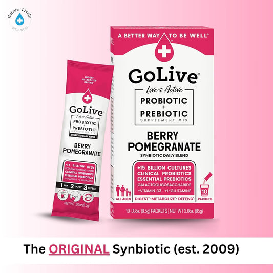 Golive Prebiotic And Probiotic For Women, Men, Kids. Berry Pomegranate Synbiotic Powder W/ L-Glutamine, Vitamin D3, Electrolytes. For Gut Health, Digestion, Metabolism, Immunity 15-50B Cfus