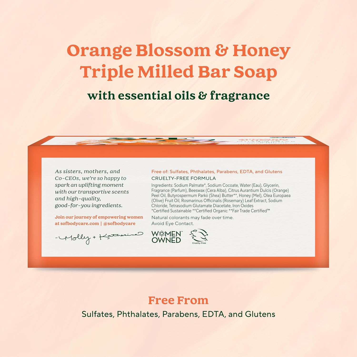 Sof Triple Milled Bar Soap - With Coconut Oil & Organic Shea Butter- Vegan & Non Gmo- Free From Phthalates, Sulfates & Parabens- Orange Blossom & Honey - 6 Oz Bar 6 Bars