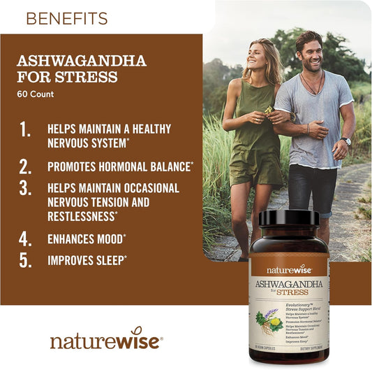 Naturewise Ashwagandha For Stress - With Ksm-66 Ashwagandha Extract + Gaba + L-Theanine + Rhodiola Rosea - Herbal Mood & Sleep Support - Vegan, Non-Gmo, Gluten-Free - 60 Capsules[1-Month Supply]