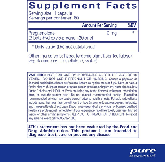 Pure Encapsulations Pregnenolone 10 Mg - Support Memory & Hormone Balance* - Hormone Precursor - Gluten Free & Non-Gmo - 60 Capsules