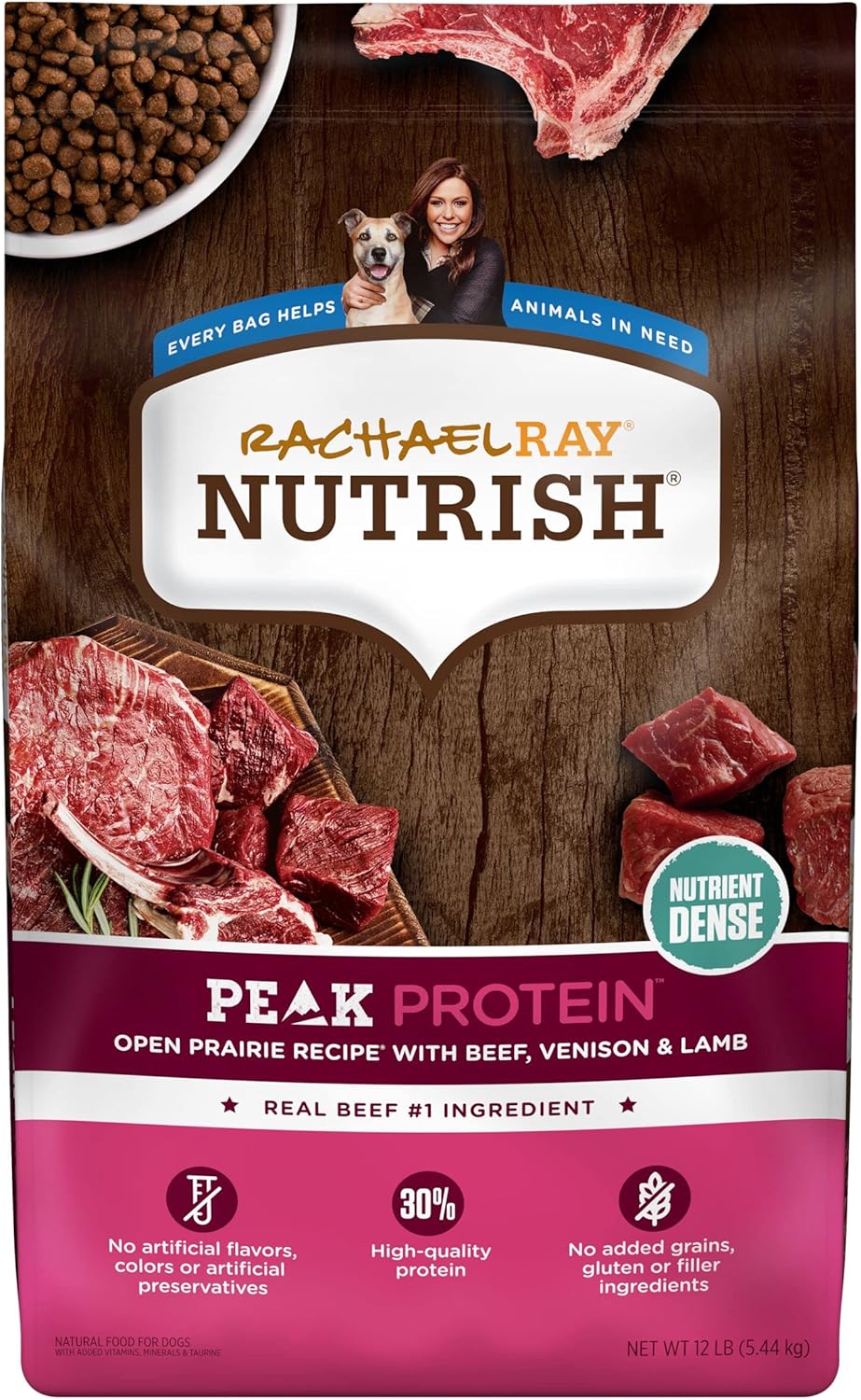 Rachael Ray Nutrish Peak Natural Dry Dog Food With Added Vitamins, Minerals & Taurine, Open Prairie Recipe With Beef, Venison & Lamb, 12 Pounds, Grain Free (Packaging May Vary)
