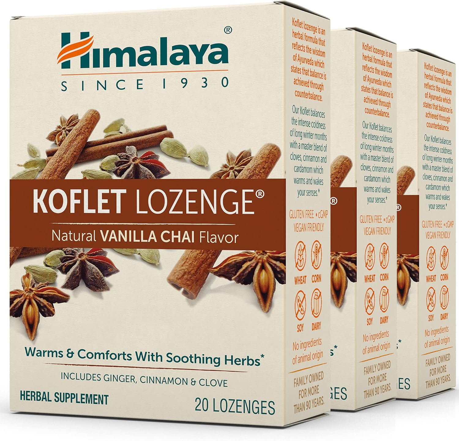 Himalaya Koflet Lozenges, Vanilla Chai Flavor, Natural Herbal Cough Drop For Warming Relief And Soothing Comfort, 130 Mg, 20 Lozenges,3 Pack