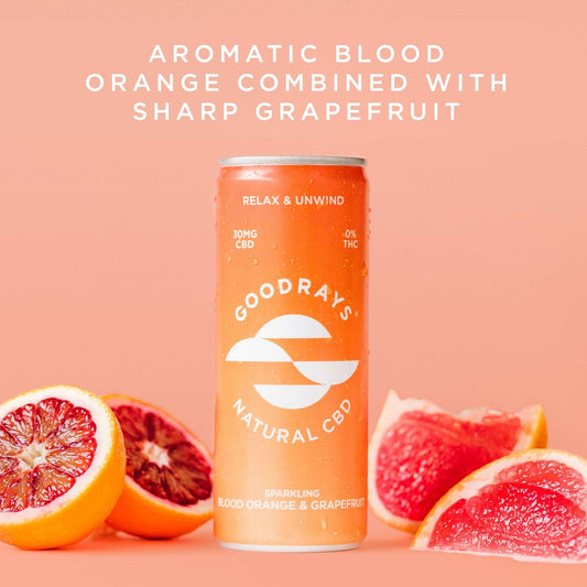 Goodrays - 30Mg Cbd Drink - 6 X 250Ml Cans - Blood Orange & Grapefruit - Natural Flavours, Low Calorie, Vegan - High Strength (30Mg/Can), All Natural - Reduce Stress & Unwind