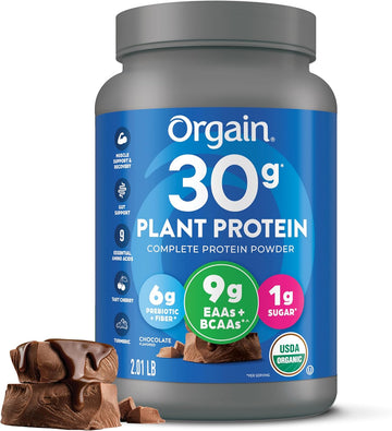 Orgain Organic 30G Vegan Protein Powder, Chocolate 9G Eaas + Bcaas, Plant Protein, 6G Prebiotic + Fiber, 1G Sugar, Pre-Workout, Muscle Support + Recovery - 2.01Lb (Packaging May Vary)