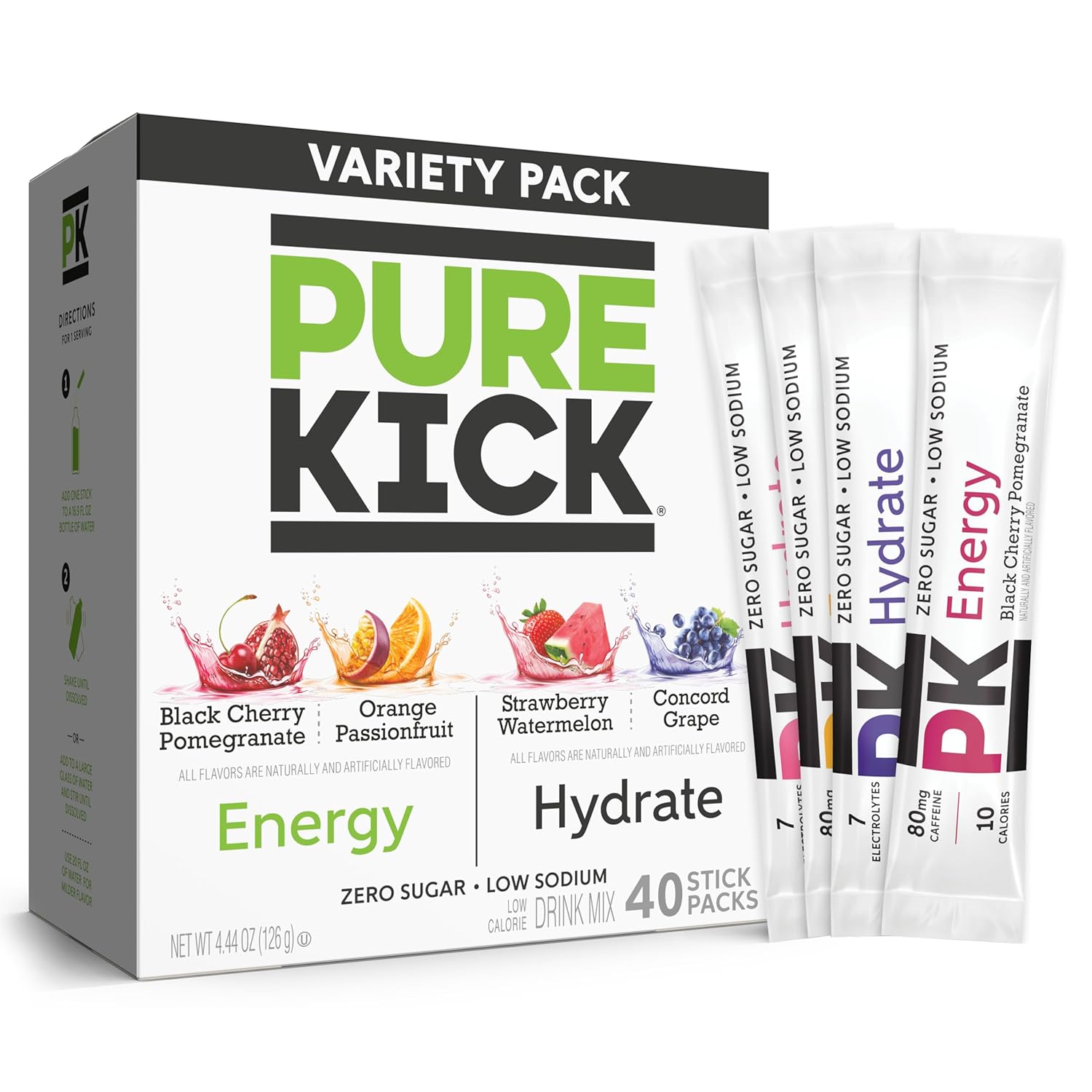 Pure Kick Energy And Hydrate Singles To Go Drink Mix Variety Pack, Black Cherry Pomegranate, Orange Passion Fruit, Strawberry Watermelon And Concord Grape, 40 Count (Pack - 1)