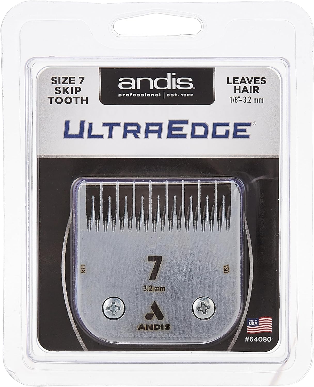 Andis – 64080, Ultra Edge Dog Clipper Blade – Made From High-Carbon Steel With Extended Edge Life, Includes Size-7 Skip Tooth, Harder Cutting Surface With Sharp Edge - 1/8-Inch Cut Length, Chrome