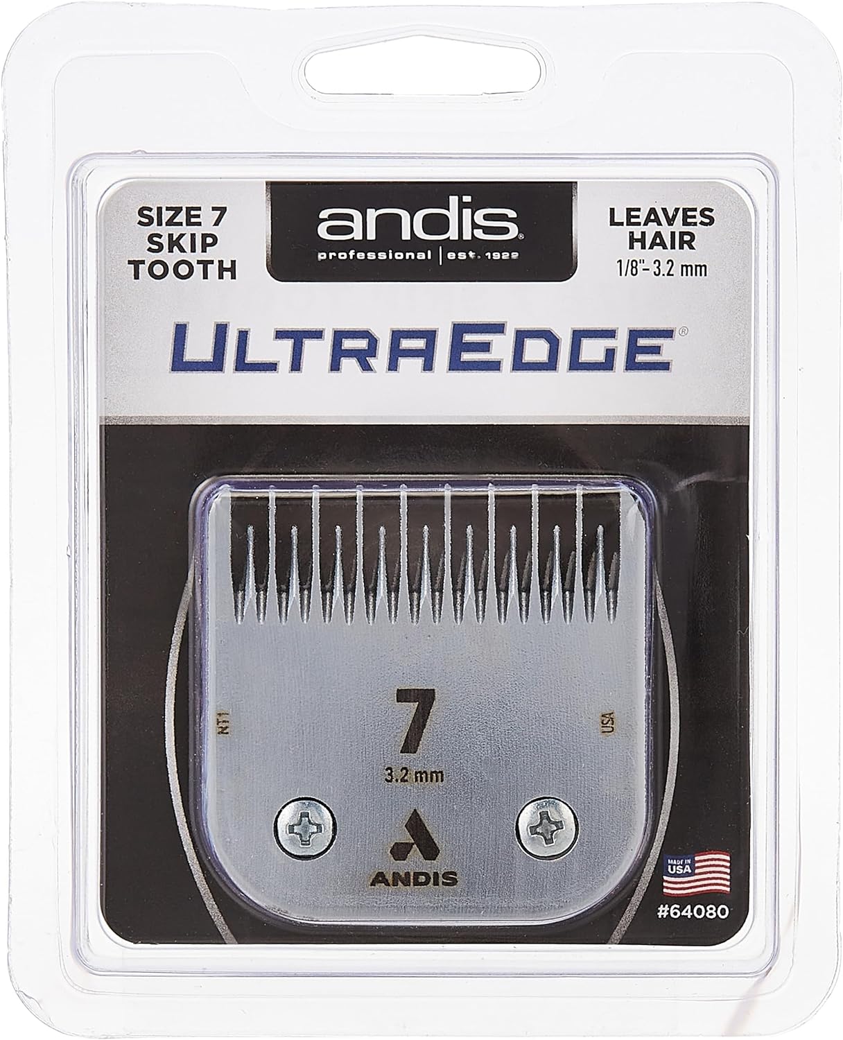 Andis – 64080, Ultra Edge Dog Clipper Blade – Made From High-Carbon Steel With Extended Edge Life, Includes Size-7 Skip Tooth, Harder Cutting Surface With Sharp Edge - 1/8-Inch Cut Length, Chrome