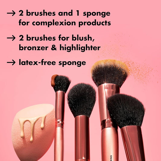 E.L.F. Cosmetics Complexion Essentials Brush & Sponge Set, Concealer, Powder, Blush & Highlighter Brushes & Total Face Sponge For A Perfect Complexion
