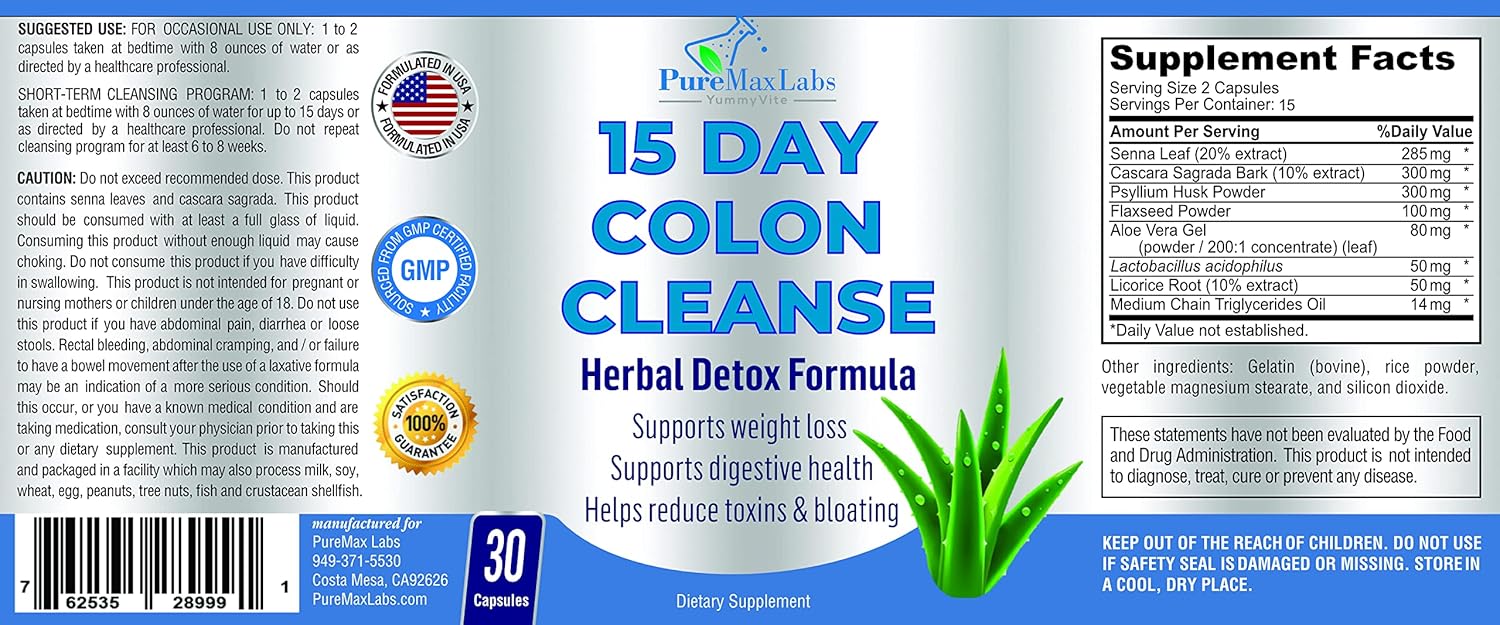 Yummyvite 15 Day Colon Cleanse And Detox, Herbal Detox Formula, Supports Weight Loss, Constipation Relief - Boosts Energy. Flush Toxins, Natural Safe Colon Cleanser For Men And Women - 30 Capsules : Health & Household