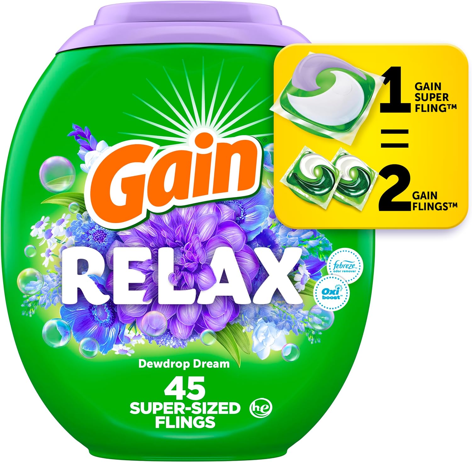 Gain Super Sized Flings! Laundry Detergent Soap Pacs, Relax, 3-In-1 Detergent Pacs With Febreze And Oxi, Dewdrop Dream Scent, 45 Count