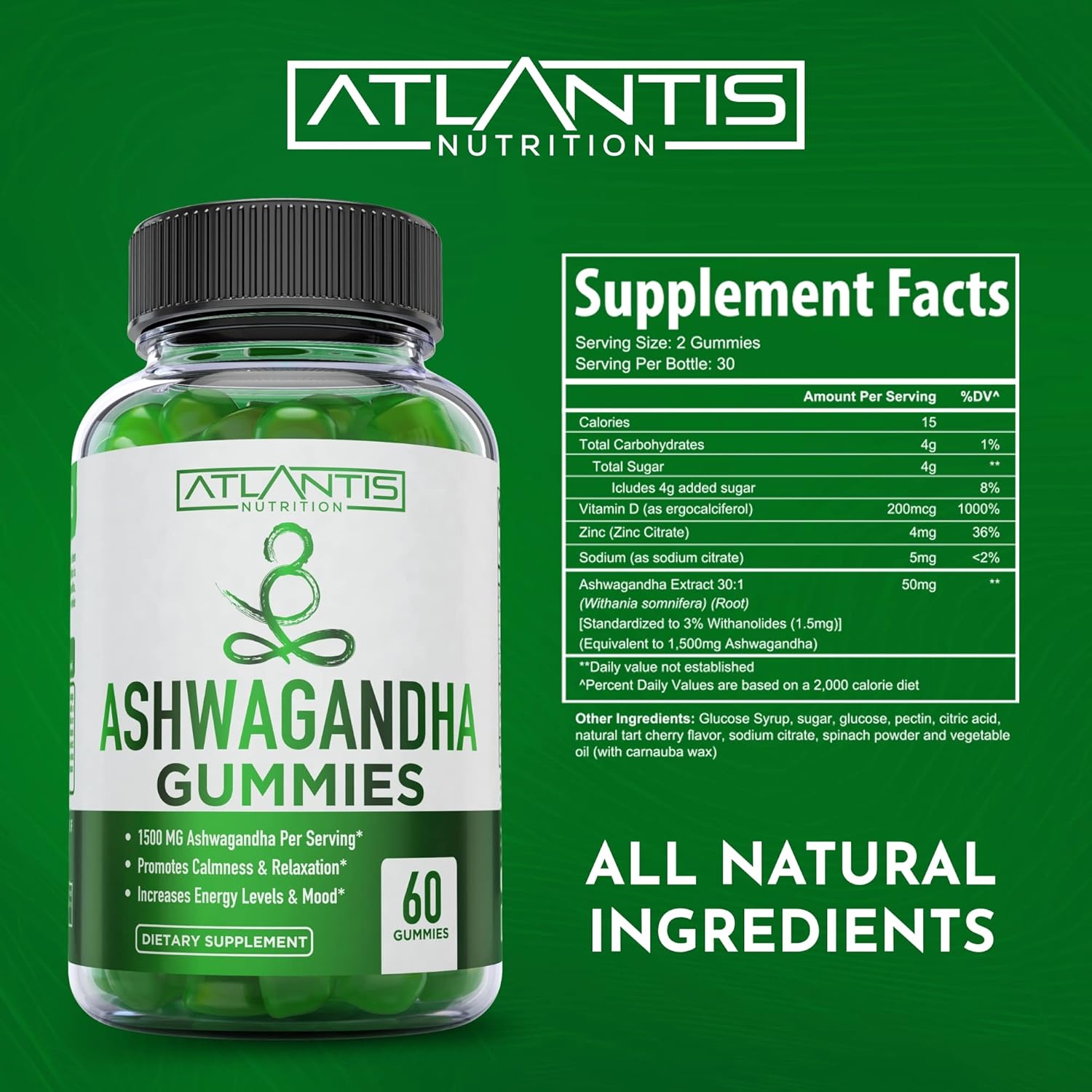 Ashwagandha Gummies - 1500MG Ashwagandha Per Serving - Promotes Calmness, Improves Mood, Boosts Energy Levels & Strengthens Immune System - Formulated with Vitamin D & Zinc - Vegan - 60 Gummies : Health & Household