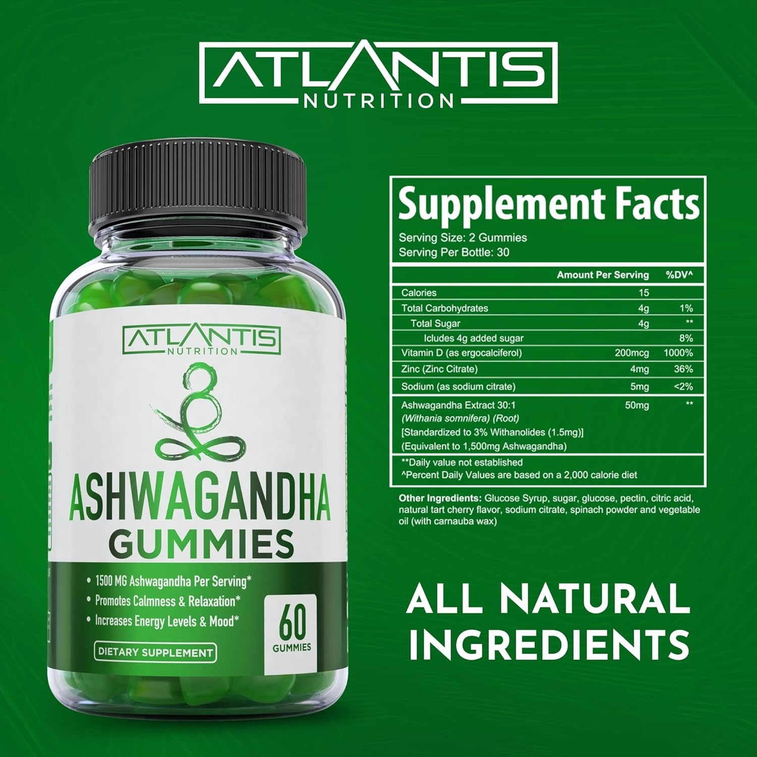 Atlantis Nutrition Ashwagandha Gummies - 1500 Mg Per Serving - Promotes Calmness, Improves Mood, Boosts Energy Levels & Strengthens Immune System - Formulated With Vitamin D & Zinc - Vegan | 60 Count : Health & Household