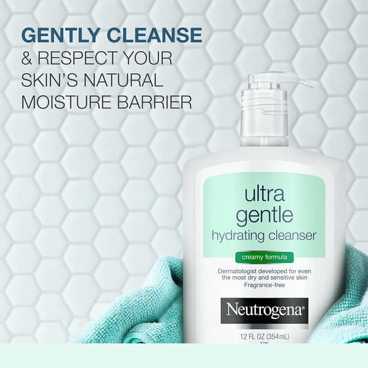 Neutrogena Ultra Gentle Hydrating Facial Cleanser, Non-Foaming Face Wash For Sensitive Skin, Gently Cleanses Face Without Over Drying, Oil-Free, Soap-Free, Fragrance-Free, 12 Fl. Oz