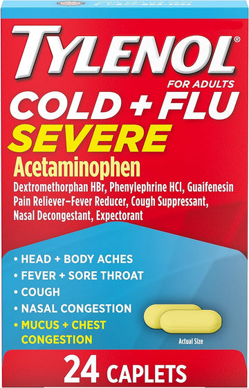 Tylenol Cold + Flu Severe Medicine Caplets for Fever, Pain, Cough & Congestion, 24 ct