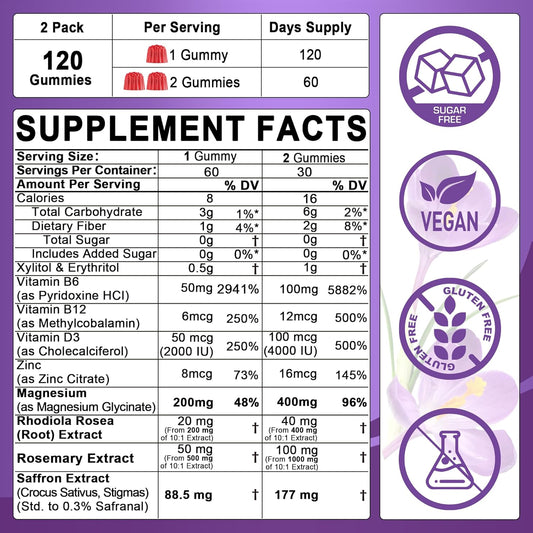 Saffron Supplements Gummies - 4 Months Supply - Saffron Extract 177mg 88.5mg, w/Magnesium Glycinate 400mg 200mg, Rhodiola, Rosemary, B6 B12, D3 for Mood, Calm Nerve, Rest, Focus, Sugar-Free, 2 Pack