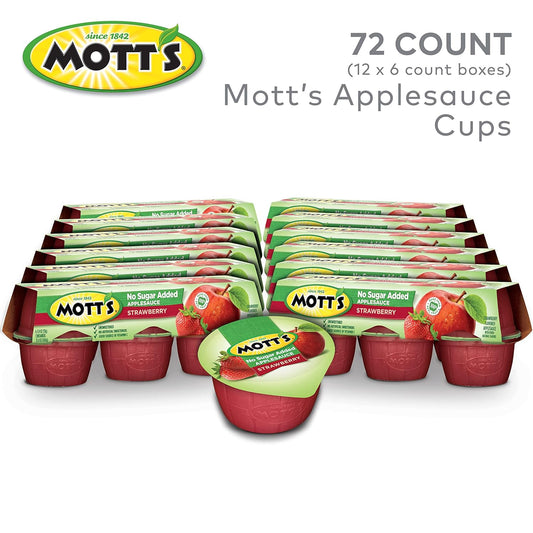 Mott'S No Sugar Added Strawberry Applesauce, 3.9 Oz Cups, 72 Count (12 Packs Of 6), Good Source Of Vitamin C, No Artificial Flavors