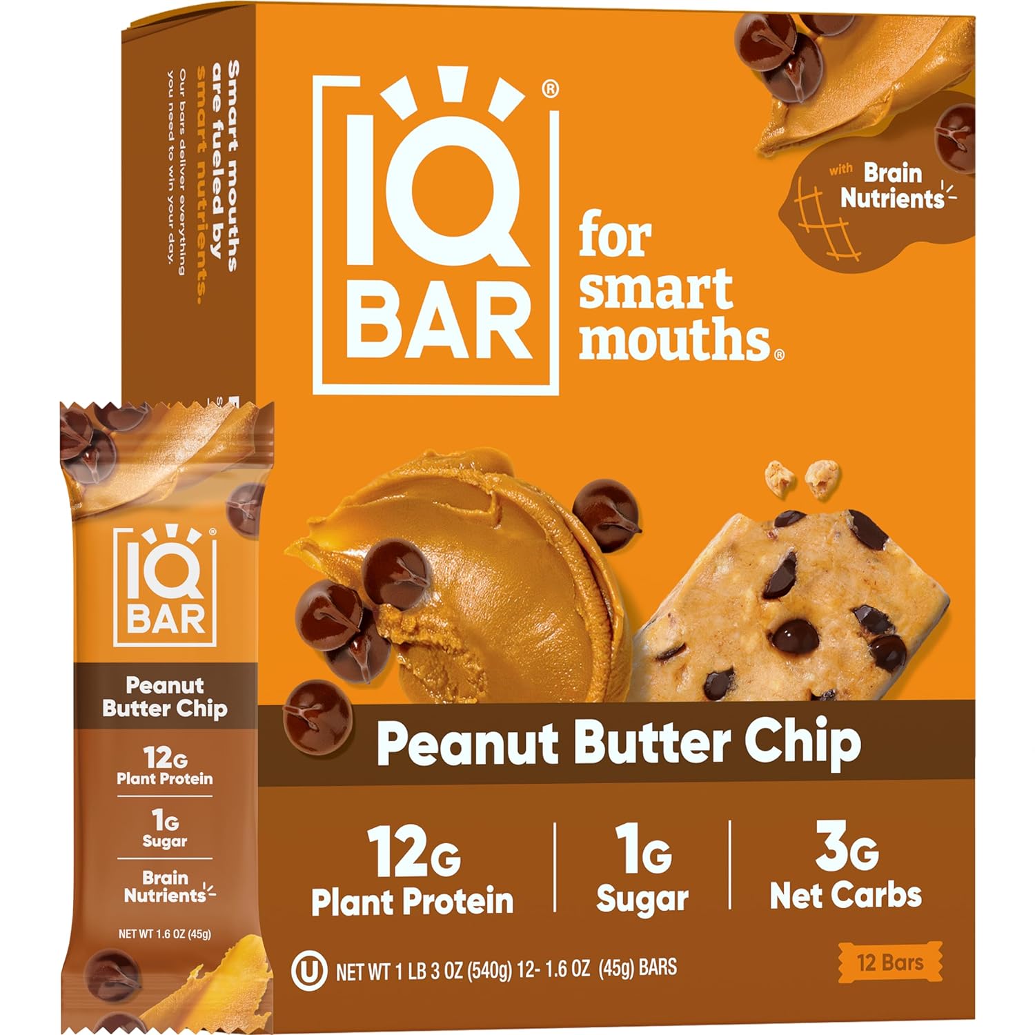 Iqbar Brain And Body Plant Protein Bars - Peanut Butter Chip - 12 Count, Low Carb, High Fiber, Gluten Free, Vegan Snacks - Low Sugar Keto Energy Bars