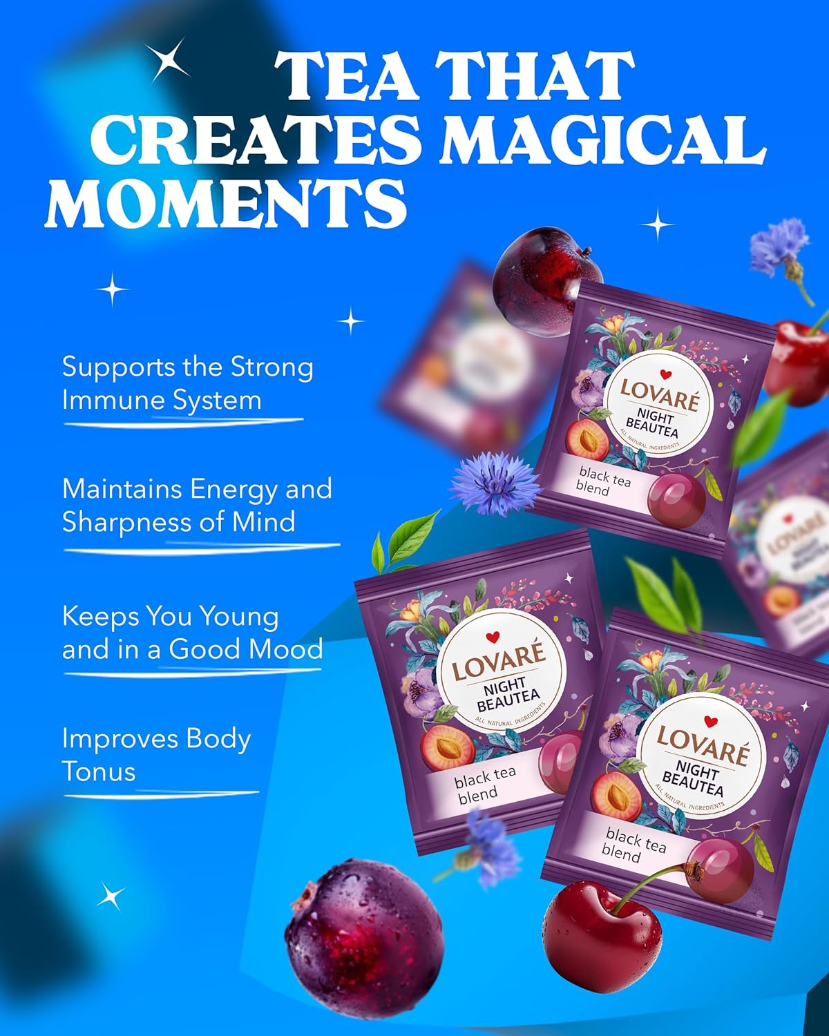 Lovare Night Beautea Tea Bags 48 G - Made In Ukraine - Ceylon Black Tea, Cherry Berries, Cornflower Petals, Royal Pomegranate Plum - Individually Wrapped - Gift Box For Tea Lovers (24 X 2 G)