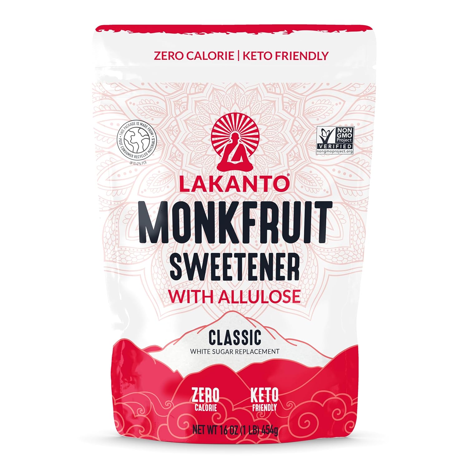 Lakanto Classic Monk Fruit Sweetener with Allulose - White Sugar Substitute, Erythritol Free, Gluten Free, Vegan, Keto Friendly, Sugar Replacement (Classic White - 1 lb - Pack of 1)
