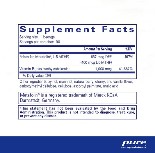 Pure Encapsulations PureMelt B12 Folate - Active B Vitamin with L-5-MTHF - Metabolism Support & Red Blood Cell Function* - Non-GMO & Vegan - 90 Lozenges