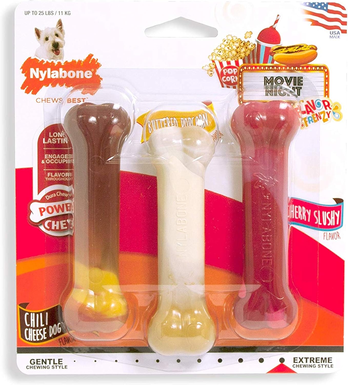 Nylabone Power Chew Flavor Frenzy Bone Chew Toy For Dogs, Indestructible Chew Toys For Aggressive Chewers, Chili Cheese Dog, & Popcorn & Cherry Flavor, Small/Regular - Up To 25 Ibs. (3 Count)