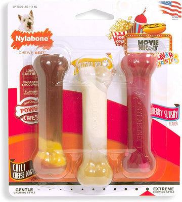 Nylabone Power Chew Flavor Frenzy Bone Chew Toy For Dogs, Indestructible Chew Toys For Aggressive Chewers, Chili Cheese Dog, & Popcorn & Cherry Flavor, Small/Regular - Up To 25 Ibs. (3 Count)