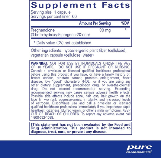 Pure Encapsulations Pregnenolone - 30 Mg - Hormone Support - Memory Support & Brain Supplement - Gluten Free & Vegan - 60 Capsules