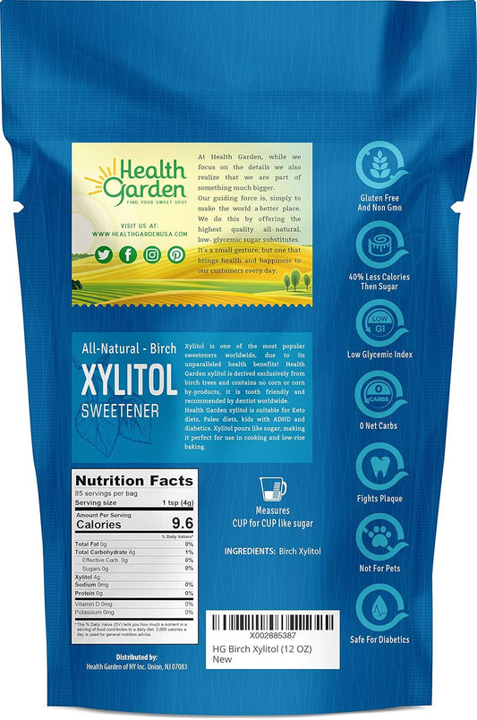 Health Garden Birch Xylitol Sweetener - Pure Birch Xylitol - Non Gmo, Kosher, And Made In The U.S.A. - Ideal Powdered Sugar Substitute - Non-Gmo Sugar Alternative - 12 Oz