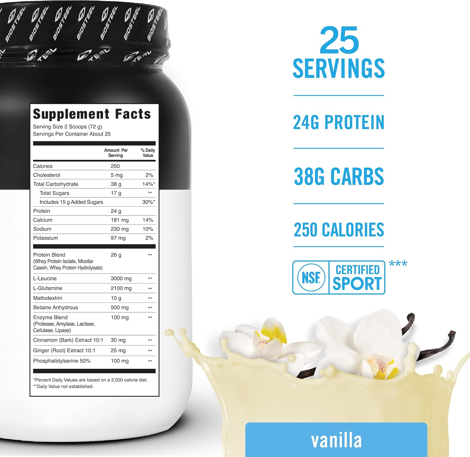 Biosteel Recovery Protein Plus Powder Supplement, Grass-Fed And Non-Gmo Formula, Vanilla, 27 Servings