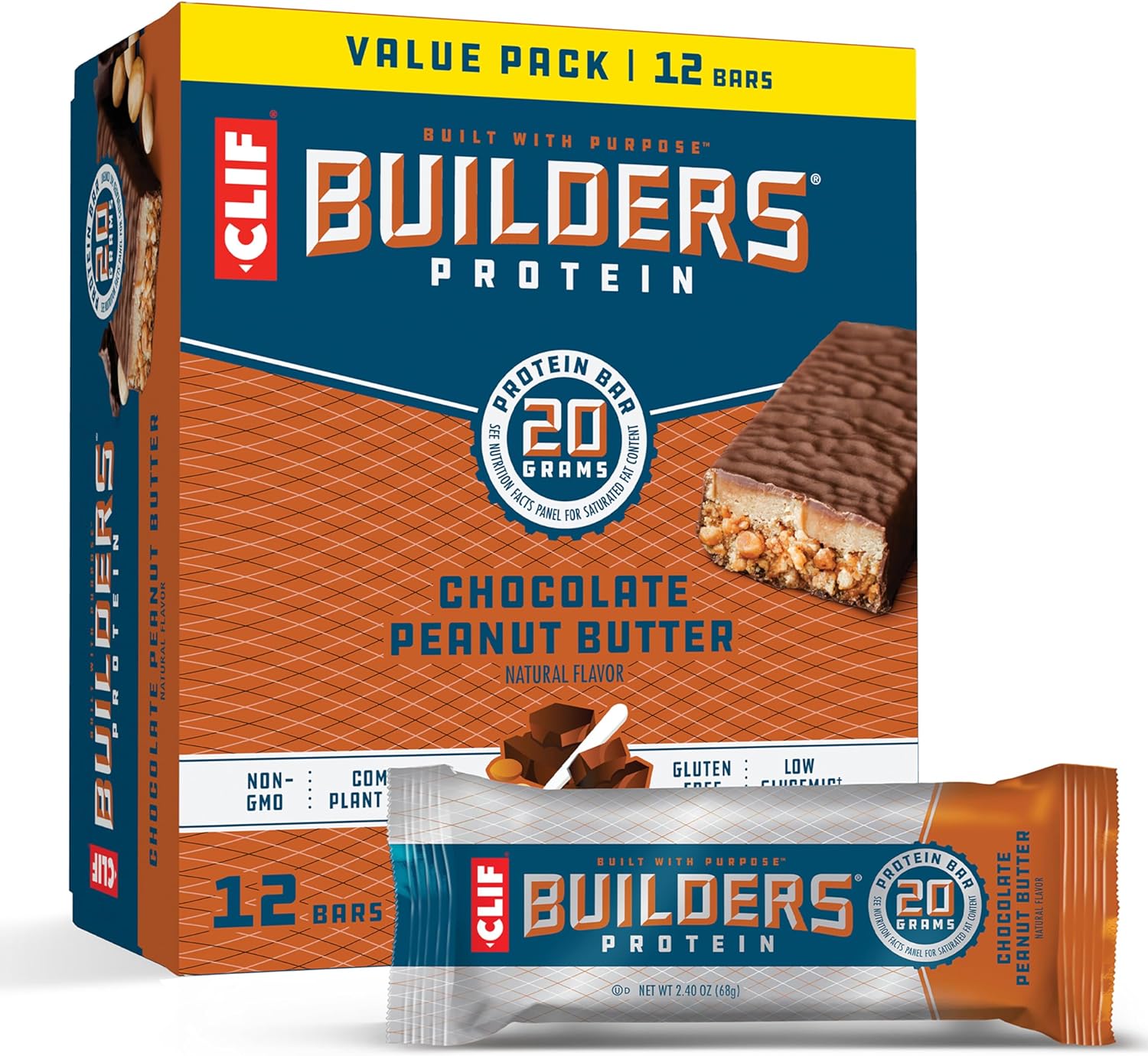 Clif Builders - Chocolate Peanut Butter Flavor - Protein Bars - Gluten-Free - Non-Gmo - Low Glycemic - 20G Protein - 2.4 Oz