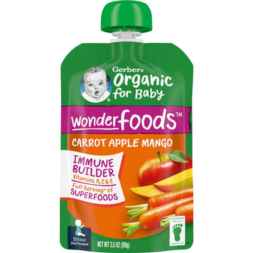 Gerber Organic Baby Food Pouches, 2nd Foods for Sitter, WonderFoods, Carrot Apple Mango, 3.5 Ounce (Pack of 12)