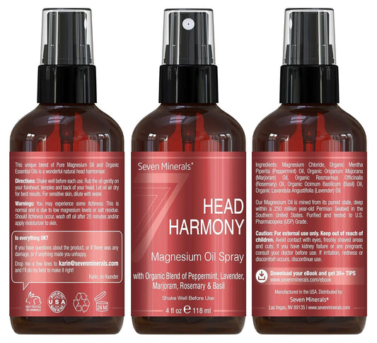 Seven Minerals, Head Harmony Spray - Powerful Magnesium Oil Blend with Essential Oils (Lavender, Sweet Marjoram, Peppermint, Rosemary, and Basil) fo Relief - Made in USA - Free Trigger Tracker : Health & Household