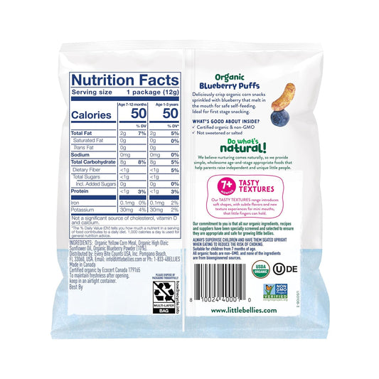 Little Bellies Organic Blueberry Puffs Baby Snack (Pack Of 18 X 0.42 Oz Individual Packs)