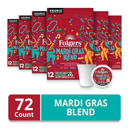 Folgers Mardi Gras Blend Medium-Dark Roast Coffee, 72 Keurig K-Cup Pods [Size: 12 Count (Pack of 6)]