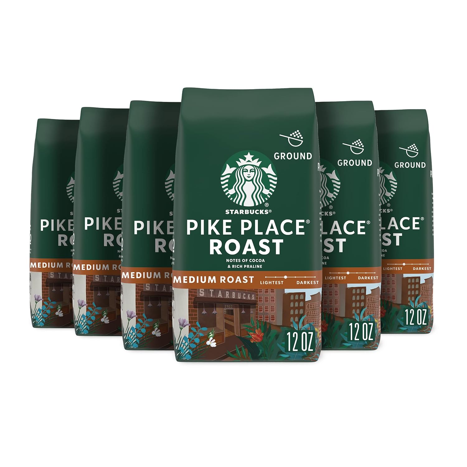 Starbucks Ground Coffee, Medium Roast Coffee, Pike Place Roast, 100% Arabica, 6 Bags (12 Oz Each)