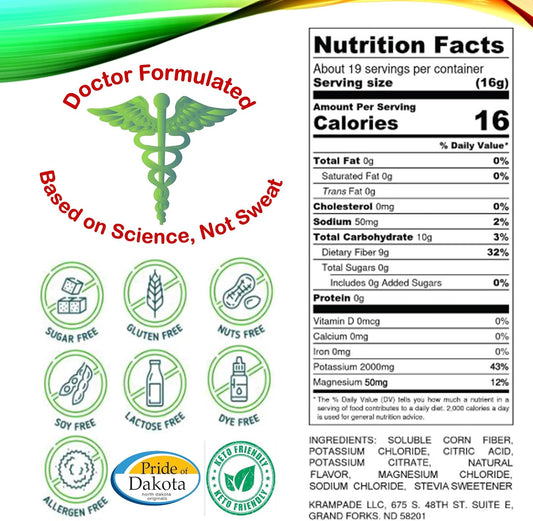 Fiber Supplement Electrolytes Powder - 9G Prebiotic Fiber + 2000Mg Potassium Supplement + Magnesium | Cramp Relief | Hydration Packets| Digestive Health Support
