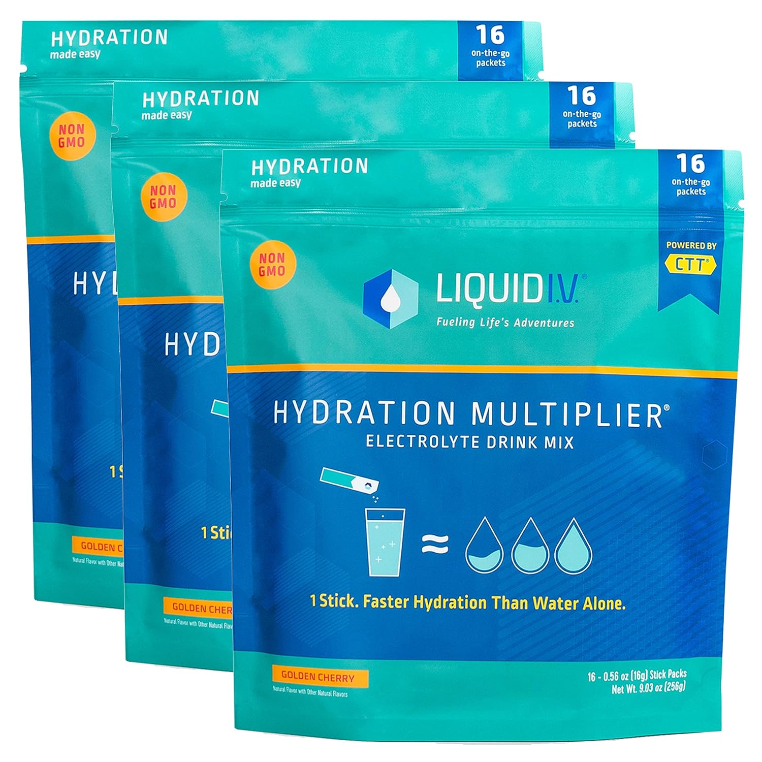 Liquid I.V. Hydration Multiplier - Golden Cherry - Hydration Powder Packets | Electrolyte Powder Drink Mix | Easy Open Single-Serving Sticks | Non-GMO | 3 Pack (48 Servings)