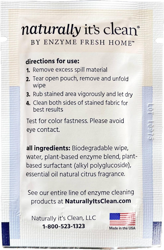 Naturally It's Clean Stain Eraser, Natural Enzymes Based/Biodegradable Instant Stain Removal, Spot Wipe Removes Wine, Coffee, Soda, Spills, Odor on Clothes, Bags, 60 Count (Pack of 1)