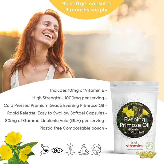 Evening Primrose Oil 1000mg x90 Soft Gel Liquid Capsules with Vitamin E (3 Month Supply) Omega 6, Cold Pressed High Strength GLA - UK Made Evening Primrose Oil Supplement Made in UK by Just Vitamins