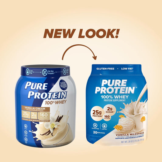 Pure Protein Powder - Whey, High Protein, Low Sugar, Gluten-Free, Vanilla Cream Flavor - 1 Lb (Packaging May Vary)