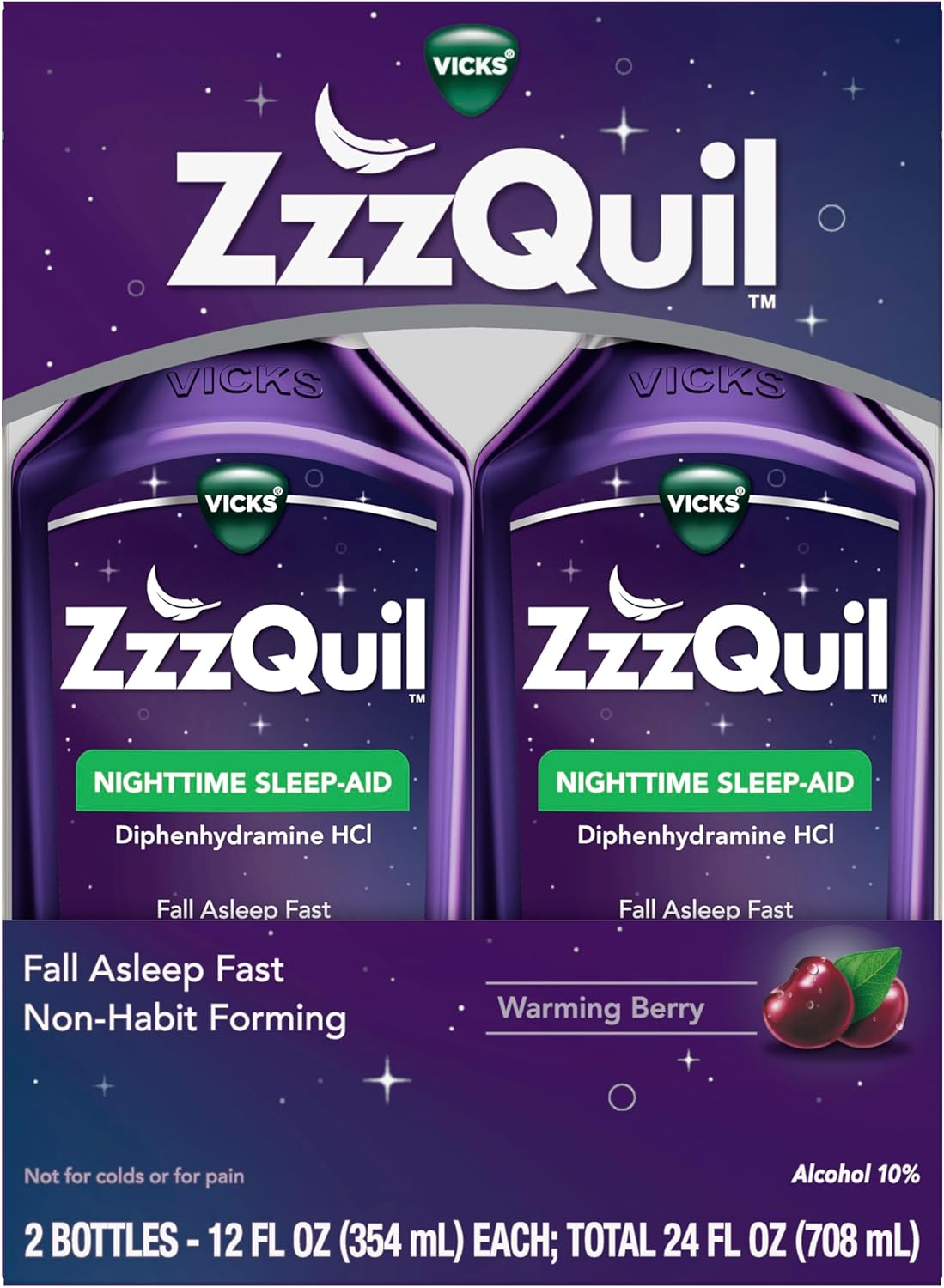 ZzzQuil, Sleep Aid, Nighttime Sleep Aid Liquid, 50 mg Diphenhydramine HCl, Fall Asleep Fast, Non-Habit Forming, Warming Berry Flavor, 12 FL OZ x 2 (Twin Pack)