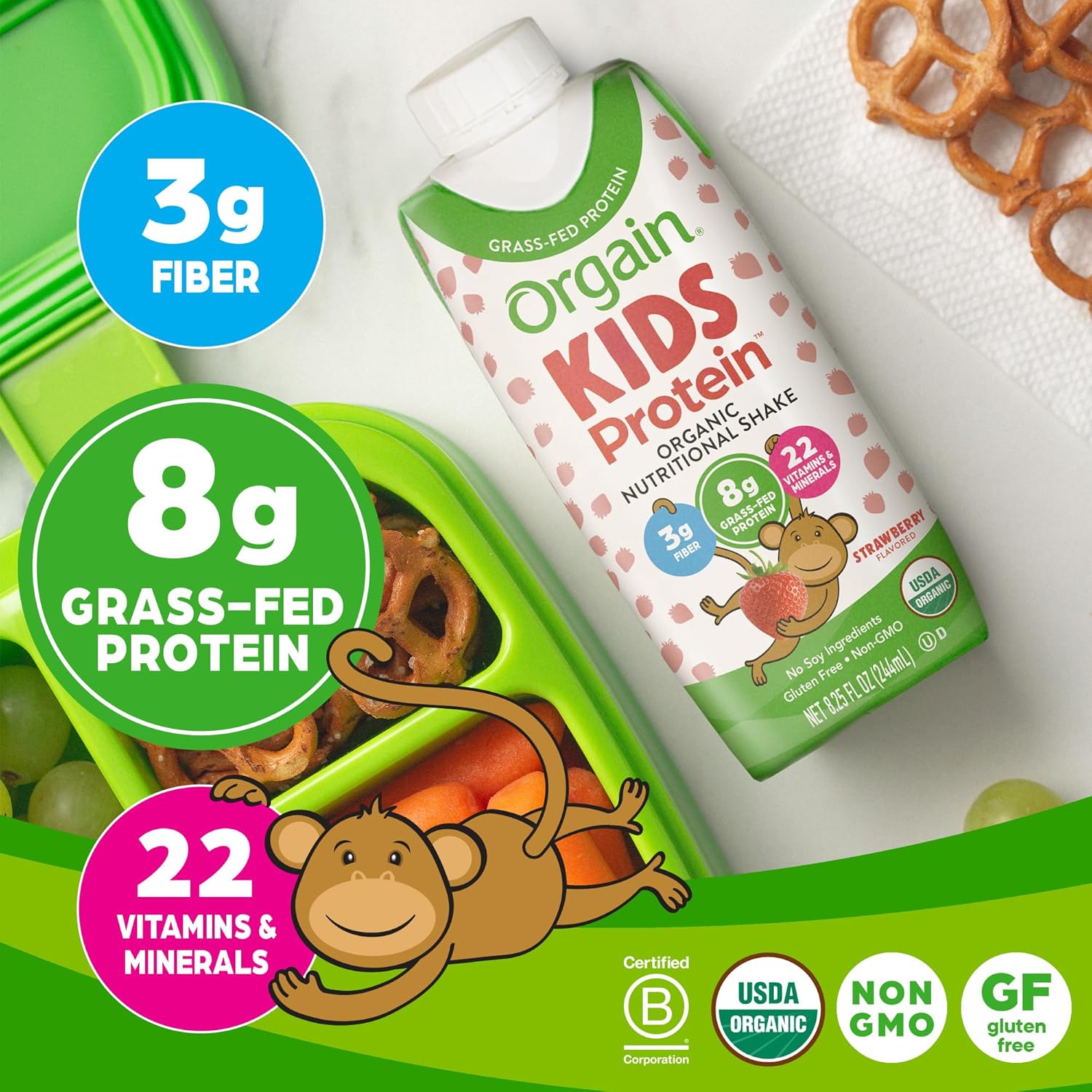 Orgain Organic Kids Nutritional Protein Shake, Strawberry, Healthy Kids Snacks, 8g Dairy Protein, 3g of Fiber, 22 Vitamins & Minerals, No Soy ingredients, Gluten Free, Non-GMO, 8.25 Fl Oz (Pack of 12) : Health & Household