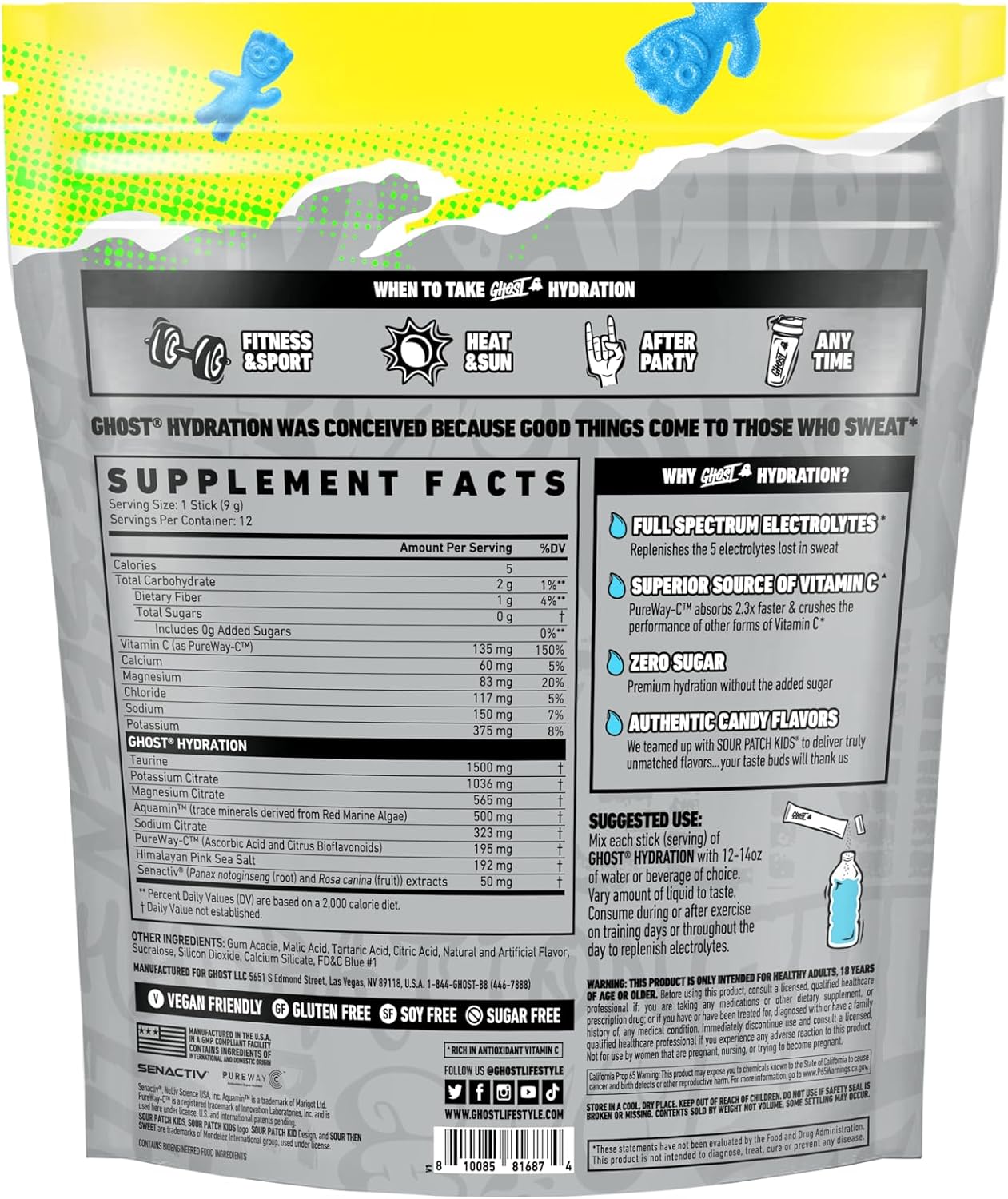 GHOST Hydration Packets, Sour Patch Kids Blue Raspberry, 12 Sticks, Electrolyte Powder - Drink Mix Supplement with Magnesium, Potassium, Calcium, Vitamin C - Vegan, Free of Soy, Sugar & Gluten : Health & Household