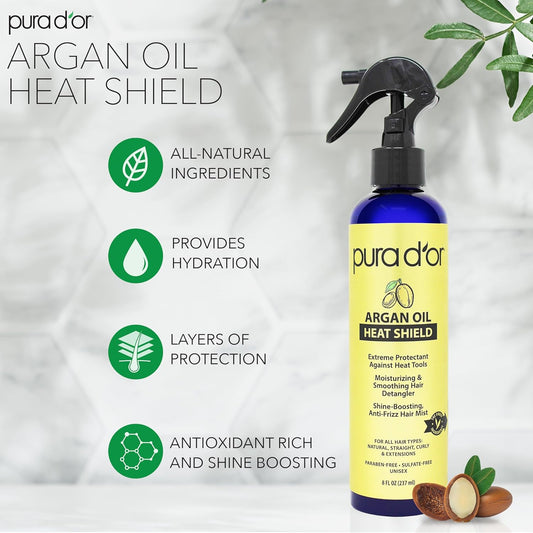 PURA D'OR 8 Oz Argan Oil Heat Shield Protectant Spray with Select Organic Ingredients, Protects Up To 450º F From Flat Iron & Hot Blow Dry, Leave-In, Define & Shine Dry & Damaged Hair